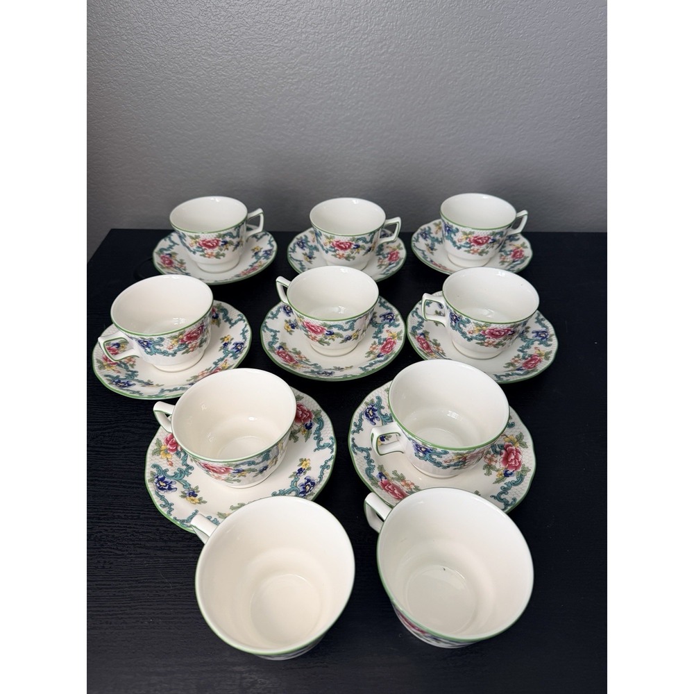 Set Of 8 Royal Doulton Floradora Green Tea Cups & Saucers + Extra Excellent